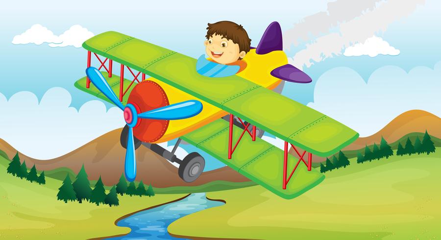 Ein Junge und ein fliegendes Flugzeug vektor