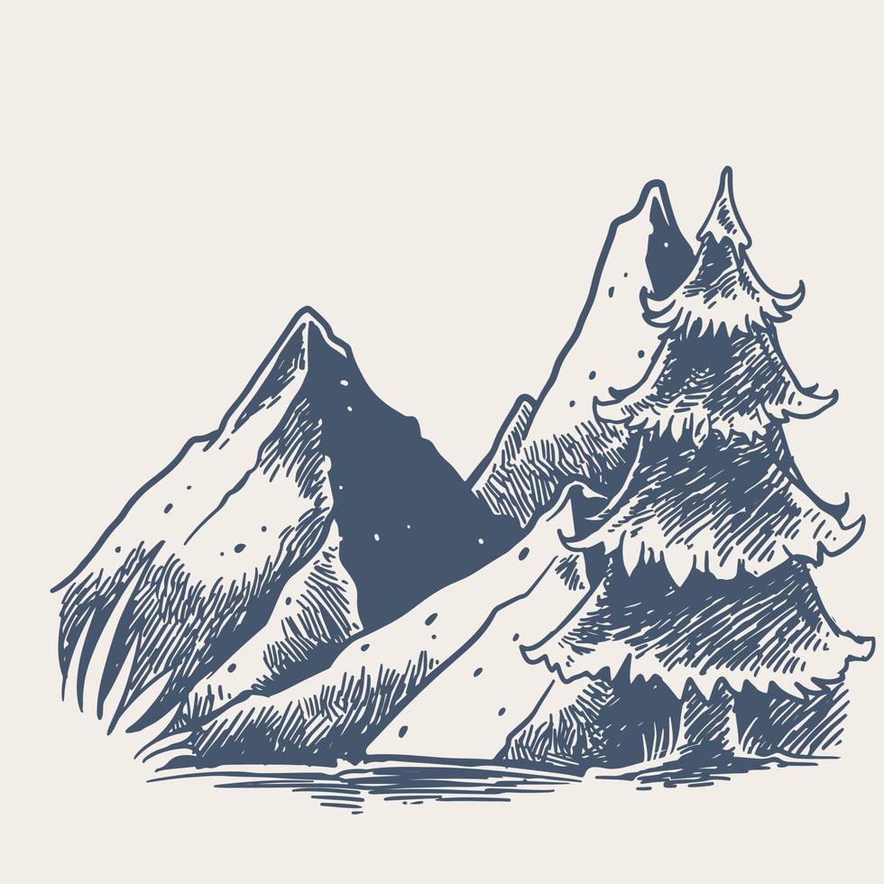Skizze des Berges mit großer Kiefer. handgezeichnete Vektorlandschaft. vektor