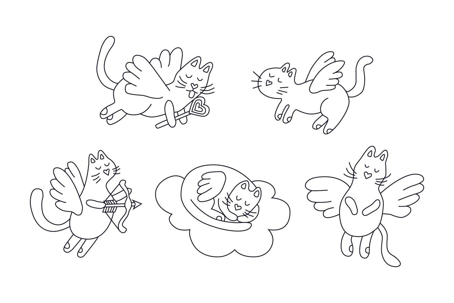 flygande katter. söt katt. symbol för kärlek. uppsättning vektorillustrationer i doodle stil för alla hjärtans dag eller bröllop på vit bakgrund vektor