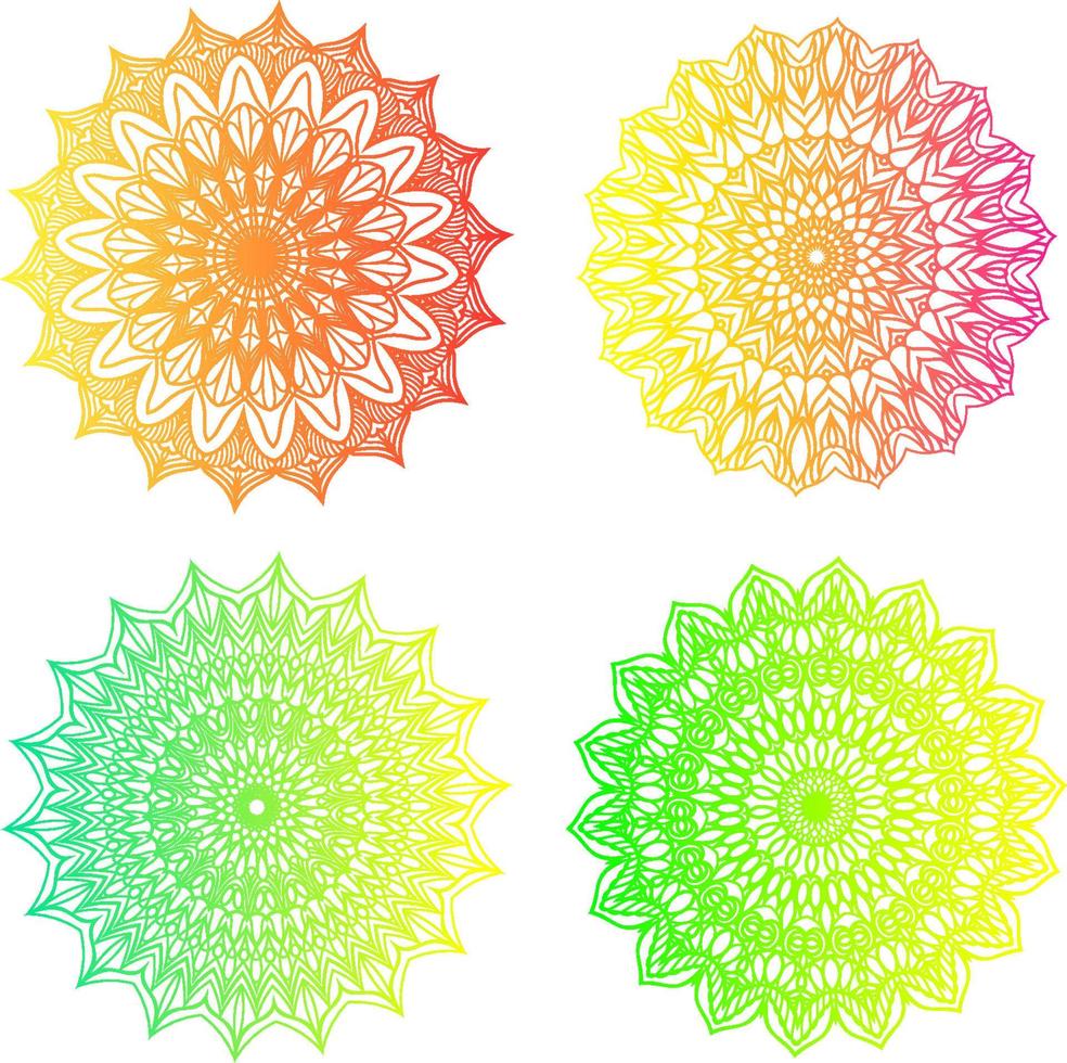 mandala design. uppsättning av fyra på vit bakgrund. grön, blå, gul, röd gradientfärg. boho koncept. indisk yoga mall. vektor grafiska element för logotyp, tryck, mönster.