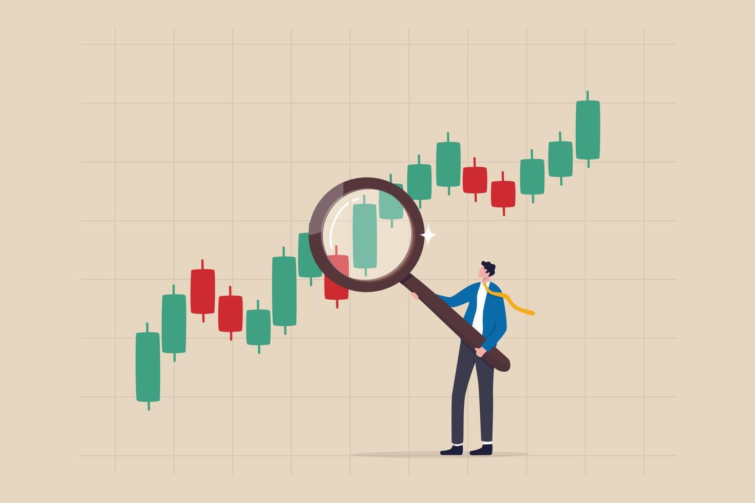 analys av aktiemarknadsdiagram, trendlinje för kryptohandlare eller att hitta köp- och säljindikator, investering, valutahandel eller vinstkoncept, affärsmaninvesterare som håller förstoringsglas analysera investeringsgraf vektor