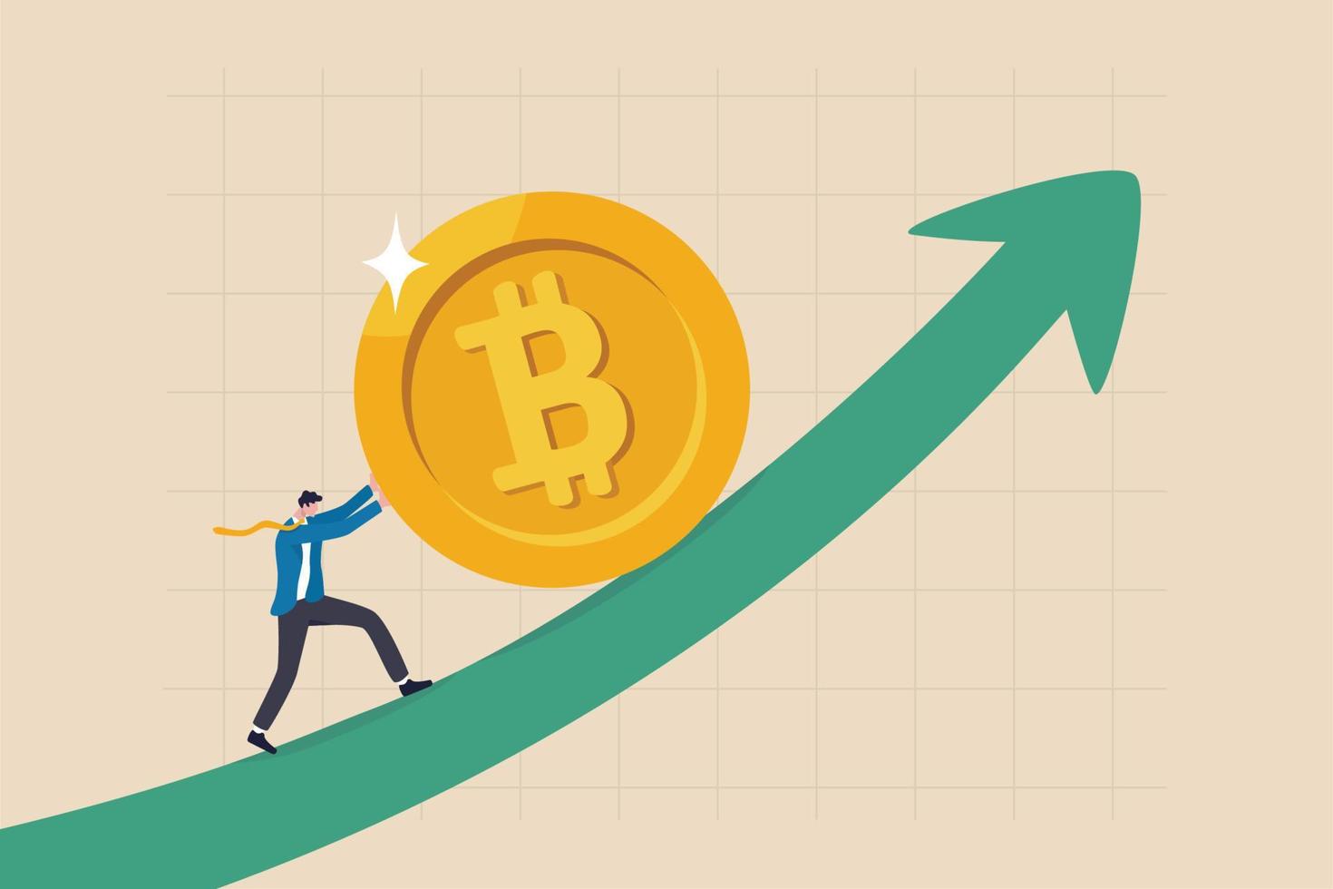 bitcoin och kryptopriset stiger, skyhöga och prisökningen, kryptovaluta värdetillväxt, massadoptionskoncept, affärsmansinvesterare som försöker pressa bitcoin upp stigande pilgraf och diagram vektor