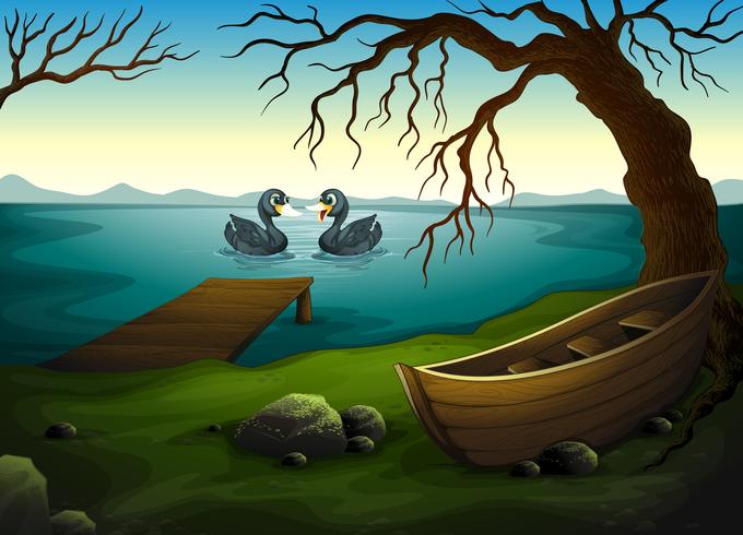 Ein Boot unter dem Baum in der Nähe des Meeres mit zwei Enten vektor