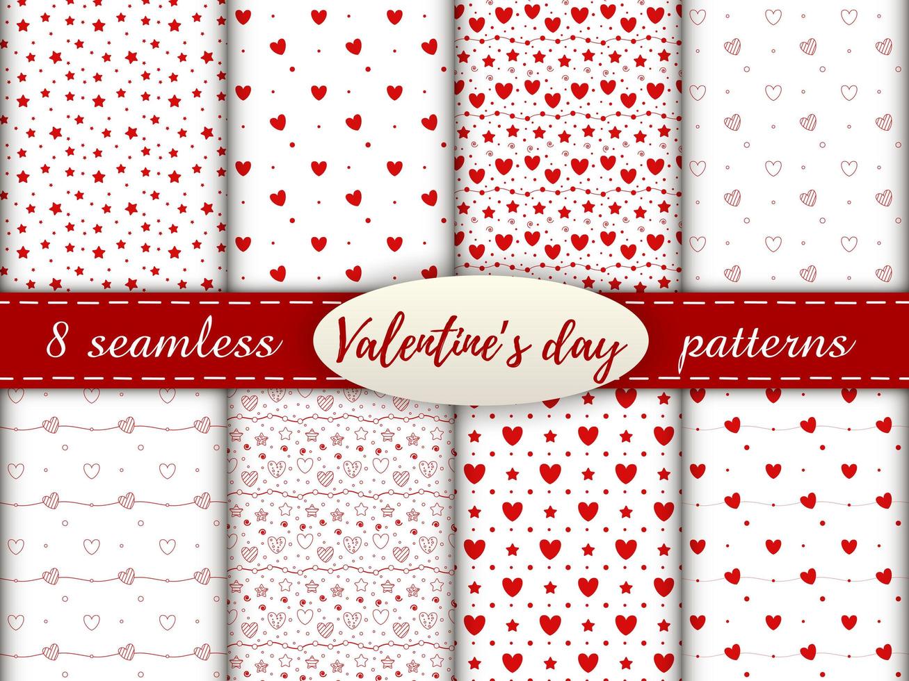 romantische nahtlose Muster mit Herz. fröhlichen Valentinstag. Set aus 8 Mustern mit roten Herzen, Punkten und Sternen auf weißem Hintergrund. vektor