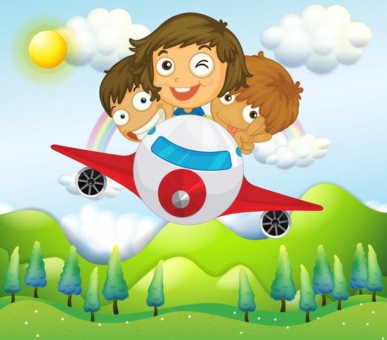 Ein Flugzeug mit drei verspielten Kindern vektor