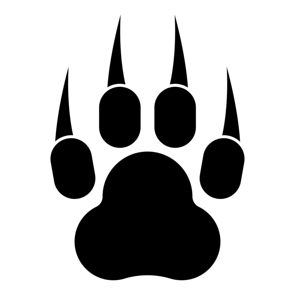 Drucken Sie Pfote wildes Tier mit Klauenspur Fußabdruck räuberischer Pfotenabdruck Symbol schwarze Farbvektorillustration flaches Stilbild vektor