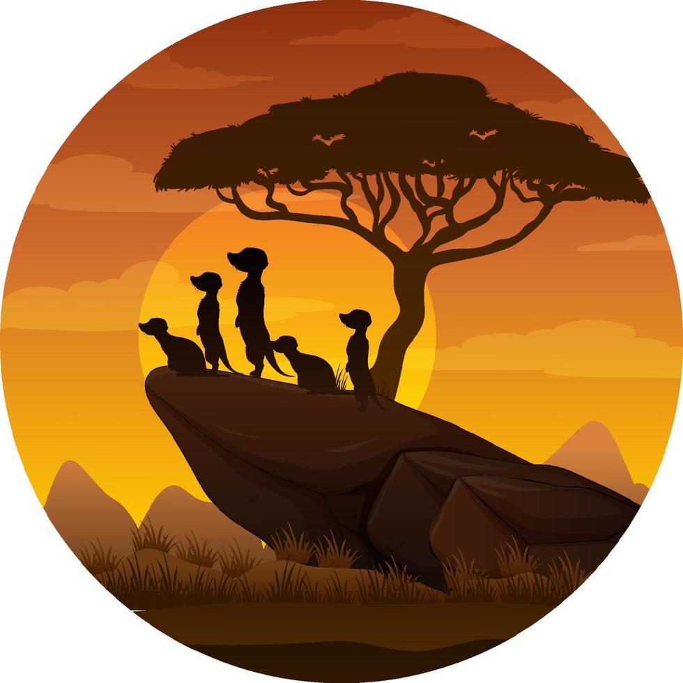 erdmännchenfamilie silhouette im savannenwald vektor