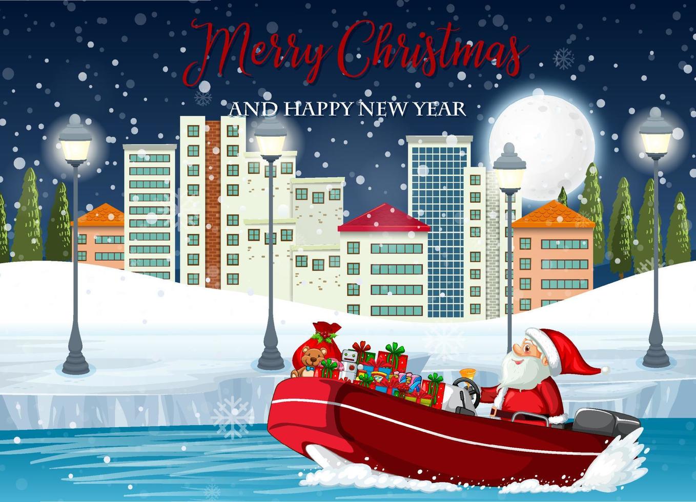 Frohe Weihnachten-Poster mit dem Weihnachtsmann, der Geschenke mit dem Schnellboot liefert vektor