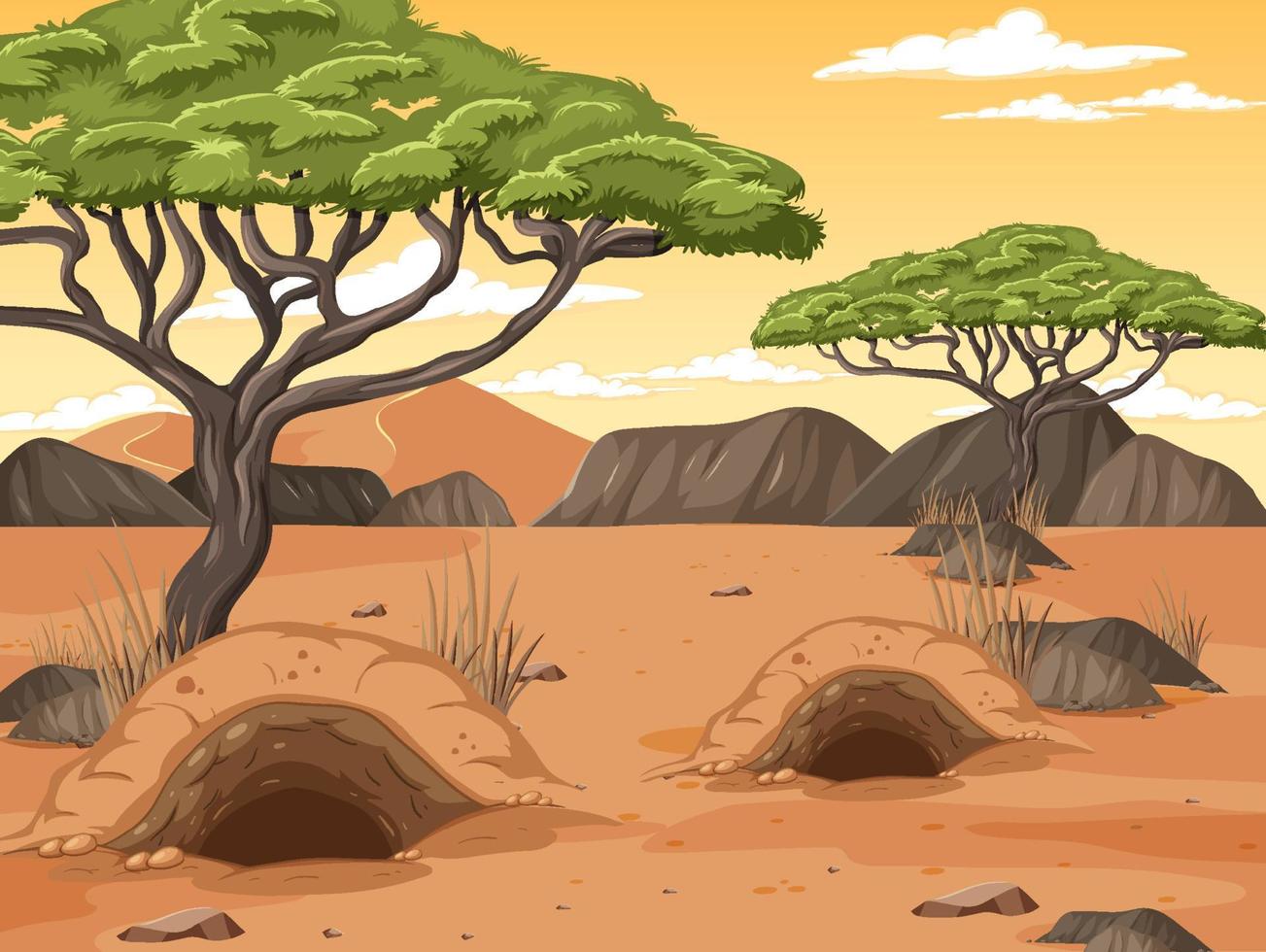 Wüstenlandschaft mit Bäumen und Tieren vektor