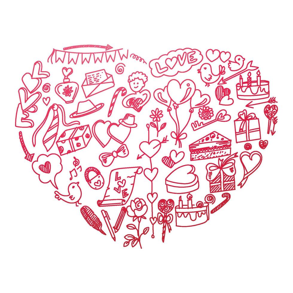 hand rita kärlek symboler alla hjärtans dag skiss design vektor