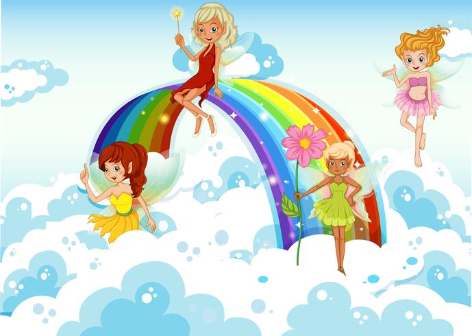 Fairies ovanför himlen nära regnbågen vektor