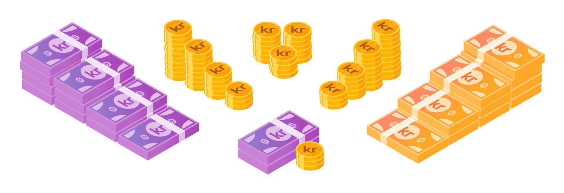 norwegische krone geld- und münzenbündelsatz vektor