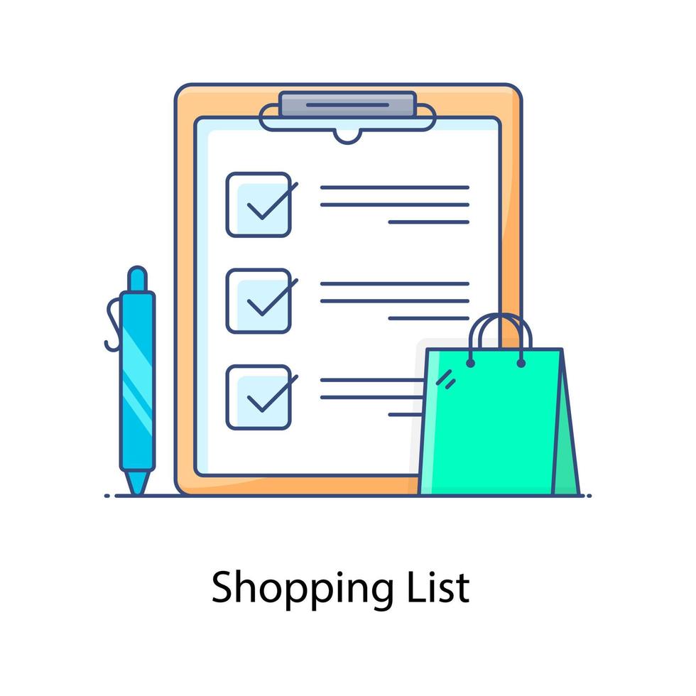 Flache Ikone der Einkaufsliste, Klemmbrettpapier mit Bleistift und Handtasche vektor
