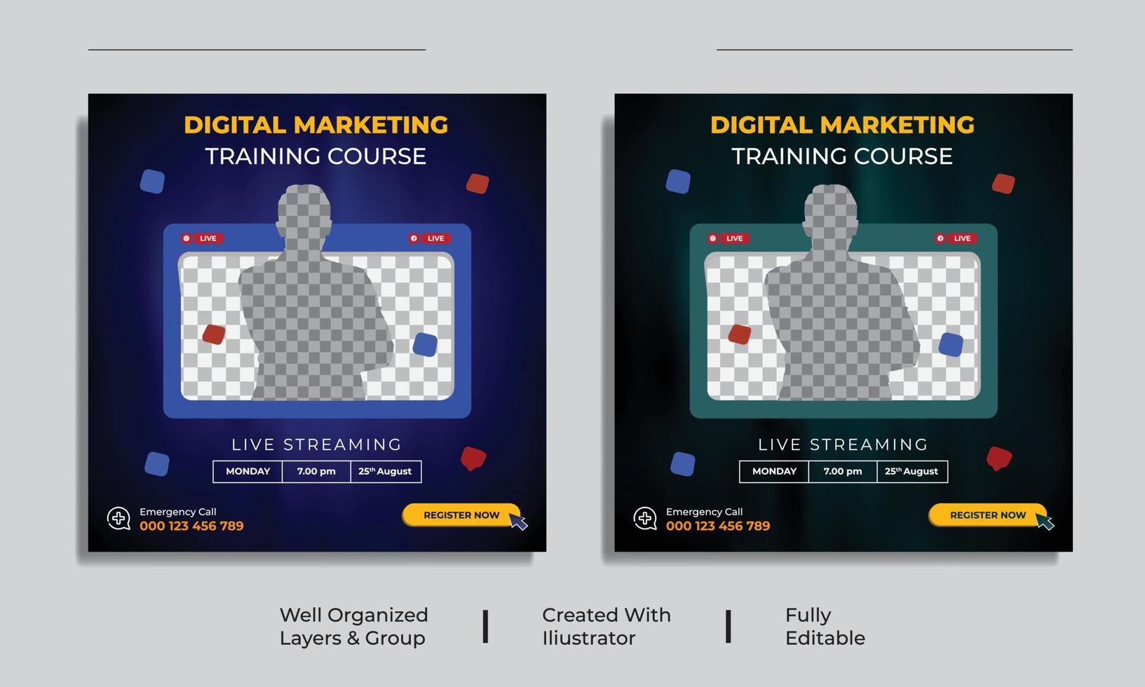 Live-Streaming-Workshop Schulung für digitales Marketing Postdesign für soziale Medien vektor