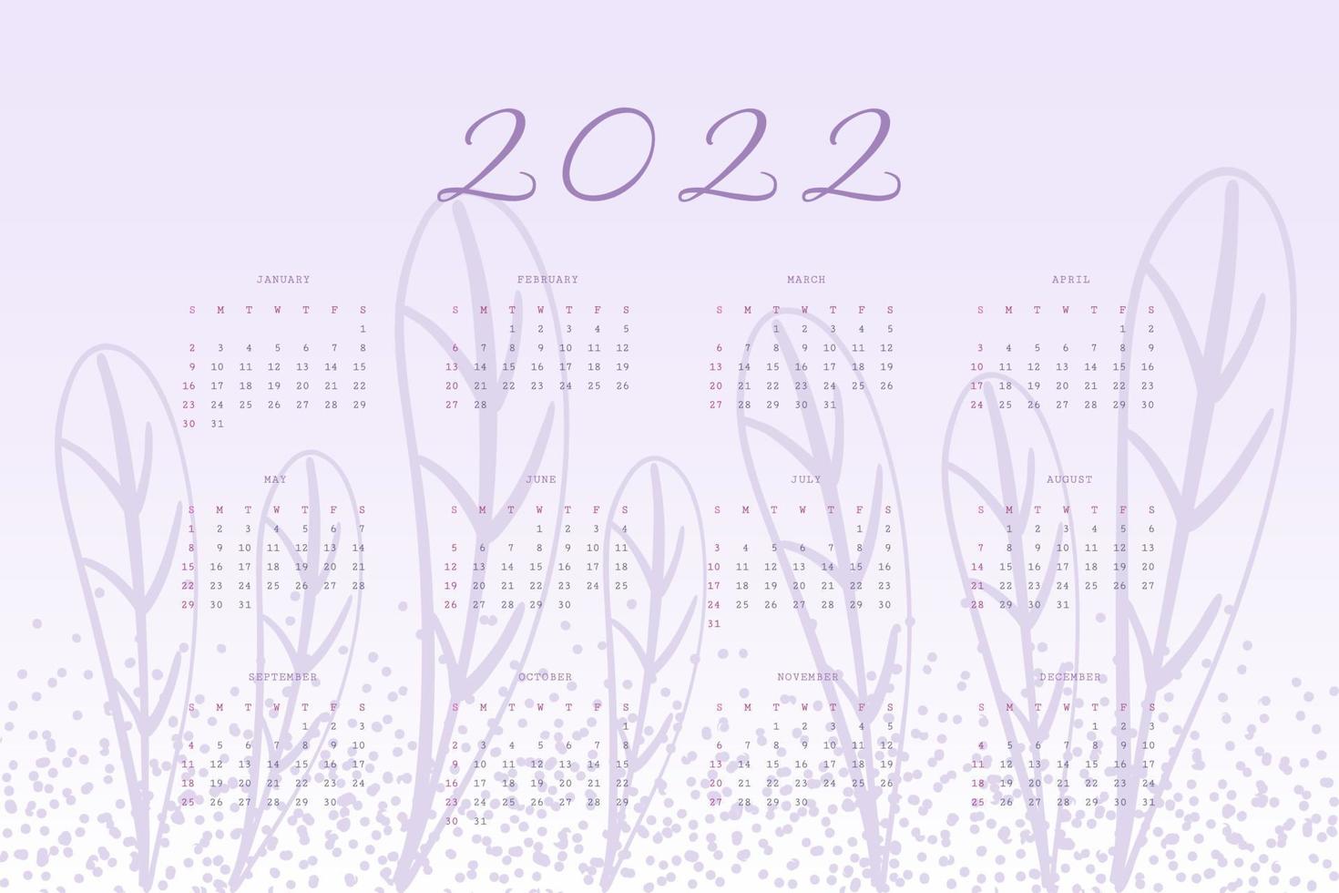 2022 Kalender trendige sehr peri Lavendelpalette mit handgezeichneten botanischen Elementen vektor