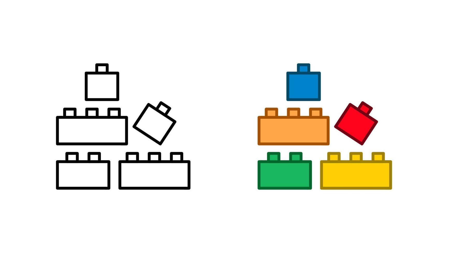 Ineinandergreifende Ziegelblockwürfel Babyspielzeugikonen-Sonderkollektion. bunte und lineare kinderprodukte icon set. Gestaltungselement farbiges flaches Symbol und lineares Symbol. bearbeitbarer linearer symbolsatz. vektor