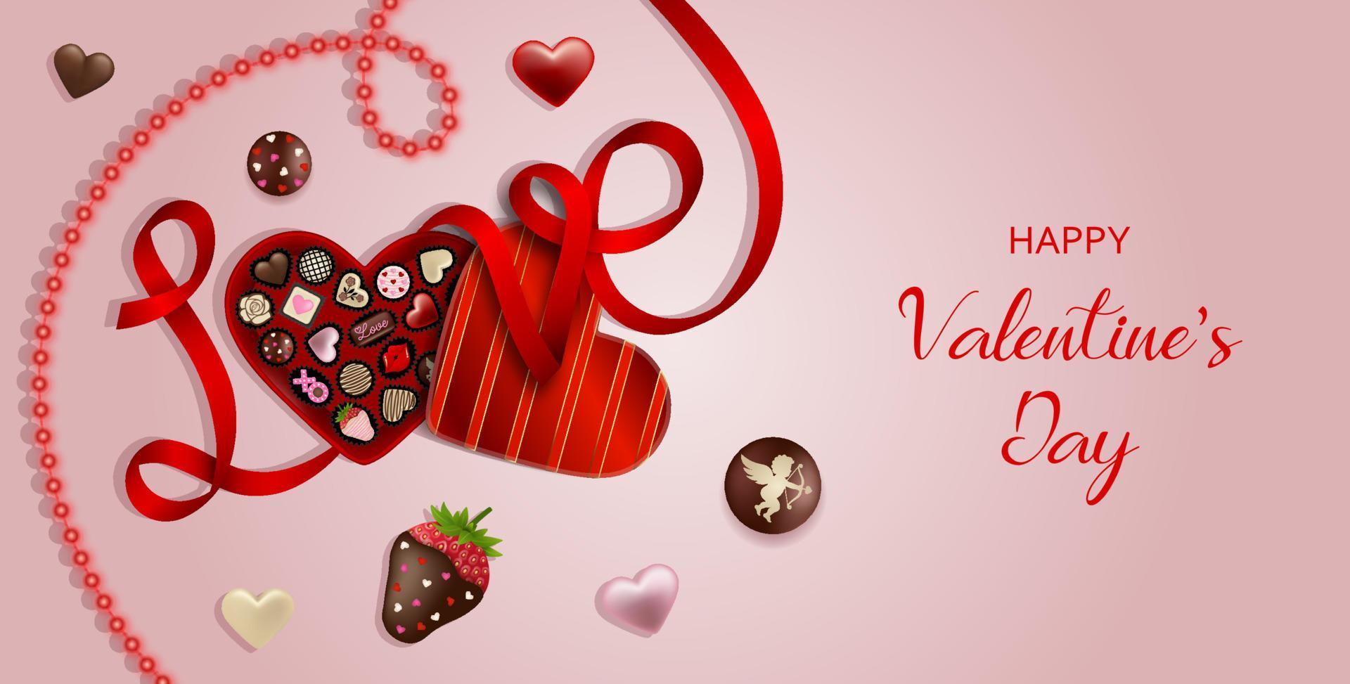 Alla hjärtans dag banner med hjärtformad choklad ask, choklad och band vektor