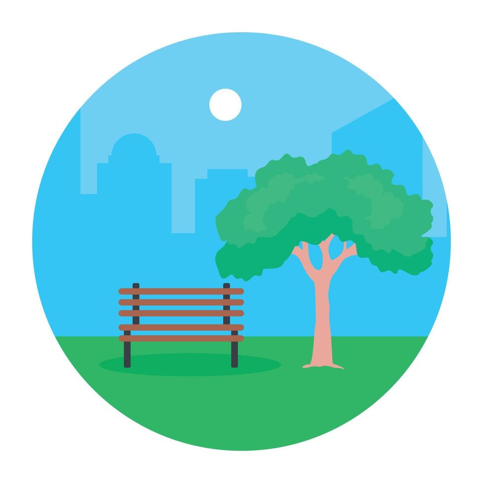 ett vackert landskap av en park i en platt ikon, bänk under trädet vektor