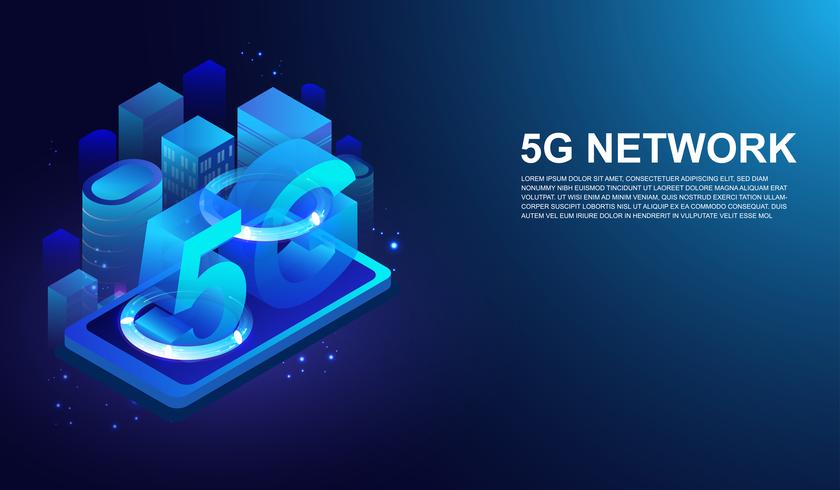 Isometriska 5G-nätverkets trådlösa system på smarttelefonen och nästa generations internetvektor. vektor