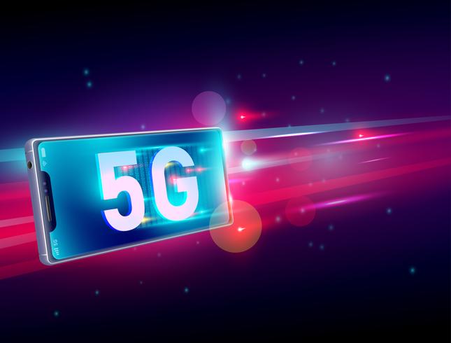 Drahtlose Internetkommunikation des Netzes 5G auf dem Fliegen des realistischen Smartphone 3d mit hellrotem und dunkelblauem Hintergrund. Vektor