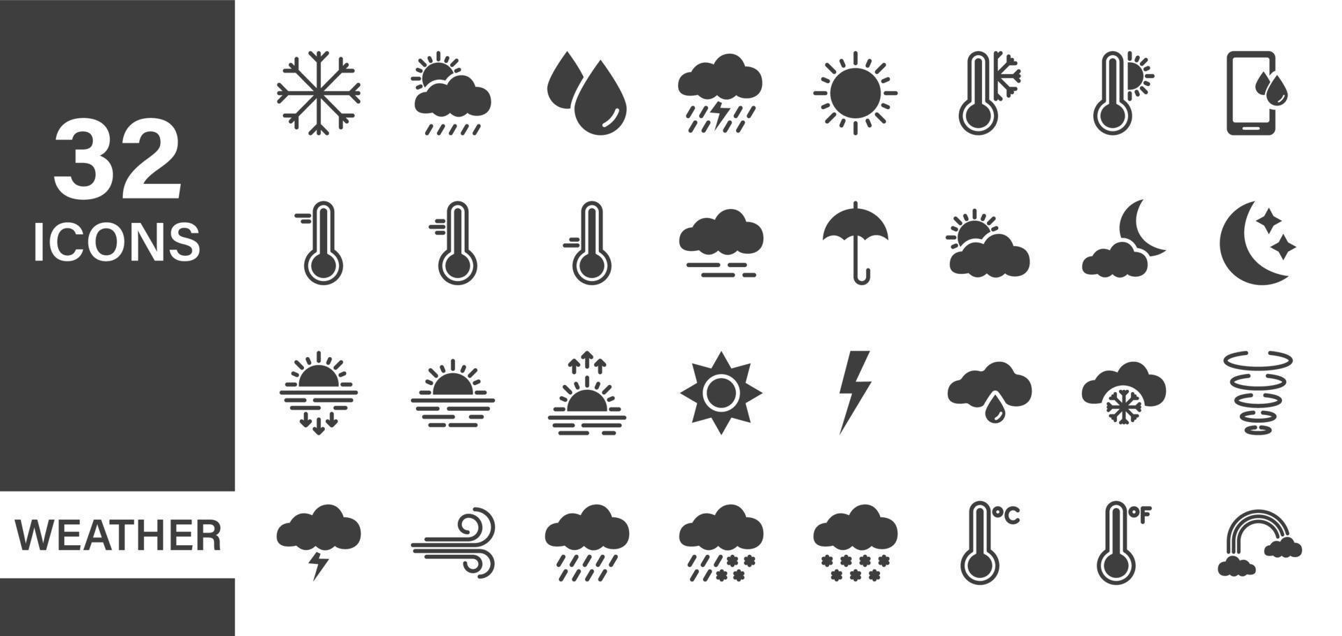 väder ikoner set. väderprognos grafiska element. svarta meteorologi ikoner. soluppgång och solnedgång siluett piktogram. temperatur, sol, moln, regn. vektor illustration.