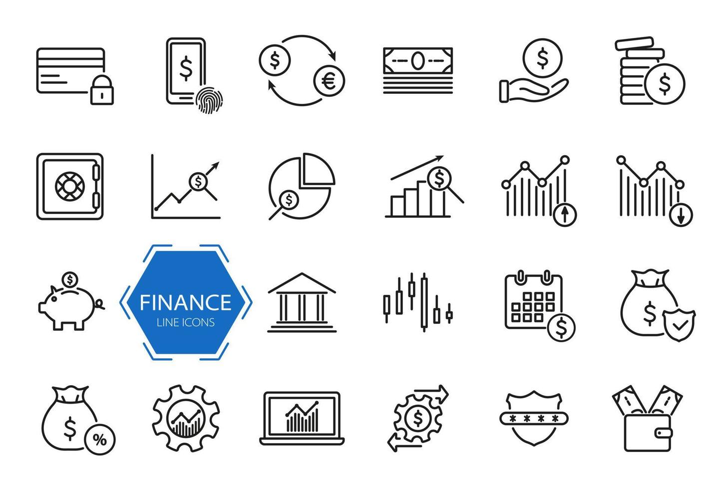 Reihe von Finanzsymbolen. geld, finanzen, zahlungsliniensymbole. Finanzen und Analysen. piktogrammsatz für investitions-, geschäfts- und banklinien. Vektor-Illustration vektor