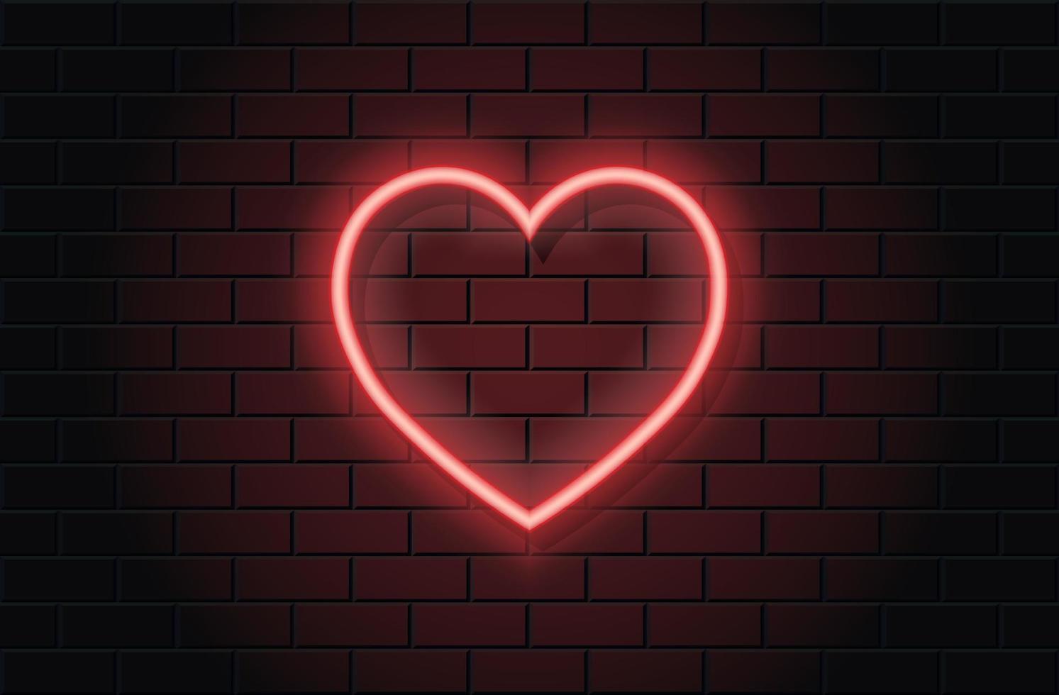 rotes neonherz zum valentinstag auf schwarzem brickwall hintergrund vektor