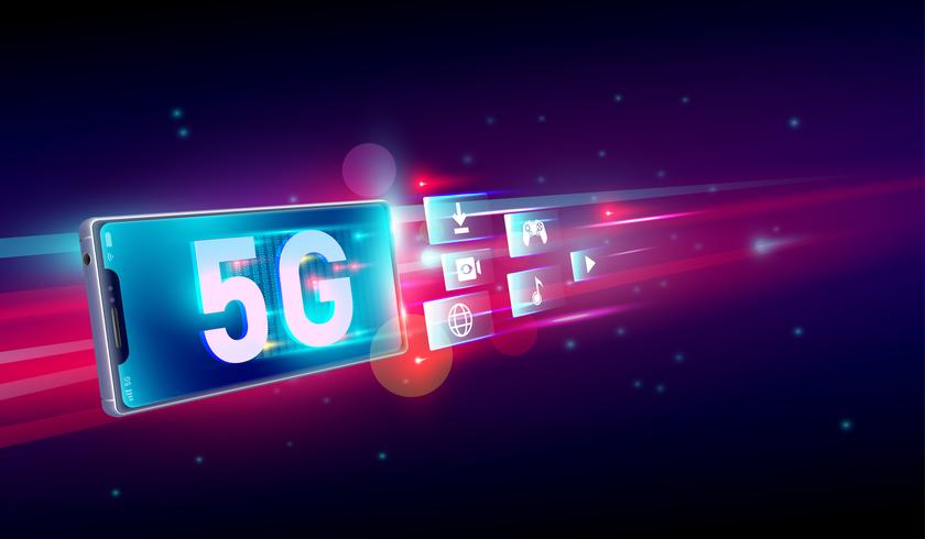 Ny 5: e generationen internet, 5G-nätverk trådlöst med höghastighetsanslutning online spel, nedladdning, online musik och filmer på smartphone koncept. Vektor