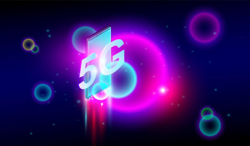 Flygande smartphone med 5G nätverkskommunikation och 5G mobilnät vektor