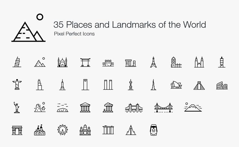 35 Orte und Wahrzeichen der Welt Pixelperfekte Symbole (Linienart). vektor