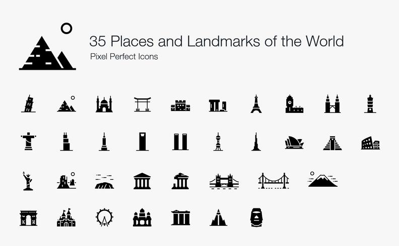 35 Platser och landmärken i världen Pixel Perfect Ikoner (fylld stil). vektor