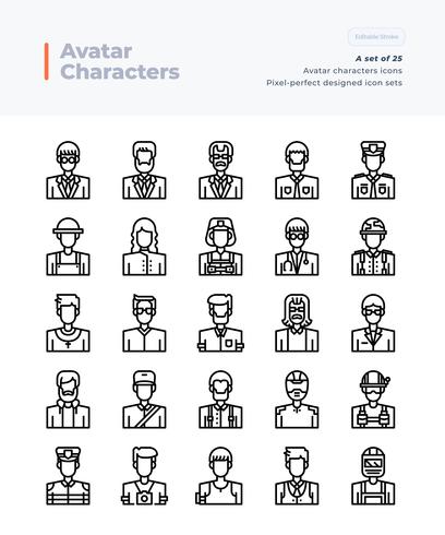 Detaljerade Vector Line Icons Set av personer och avatar. 64x64 pixel perfekt och redigerbar stroke.