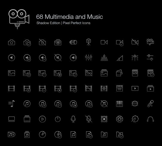 Multimedia och Music Pixel Perfect Ikoner (linje stil) Shadow Edition. vektor