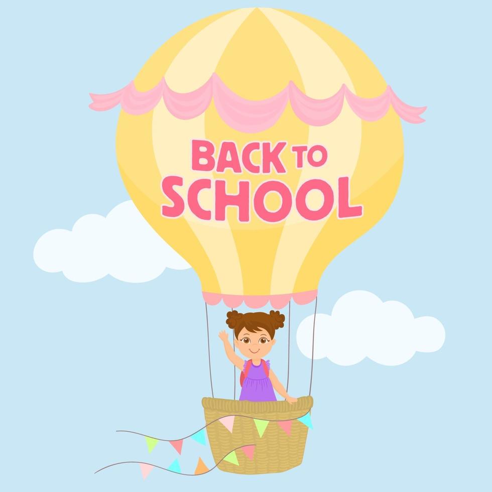 tillbaka till skolan kort med luftballong och moln och liten flicka viftande hand vektor