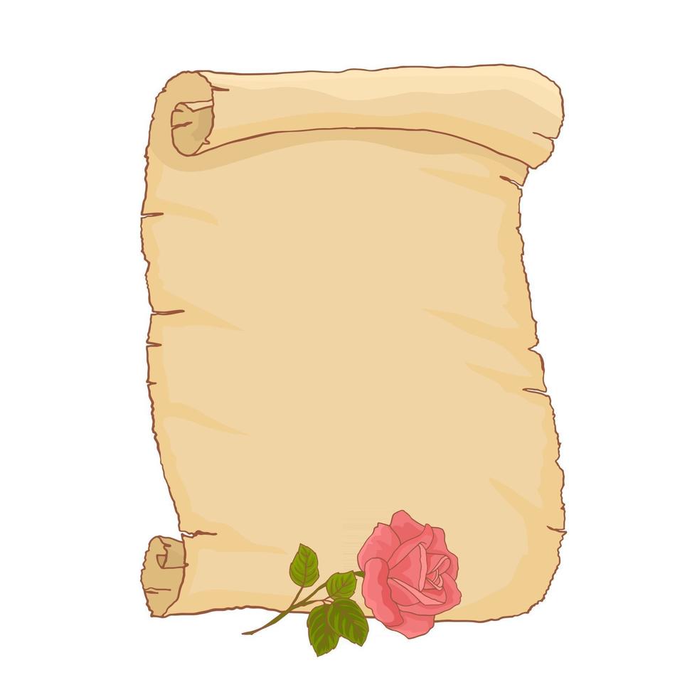 eine Papierrolle und eine rote Rosenblume, Valentinstagskarte vektor