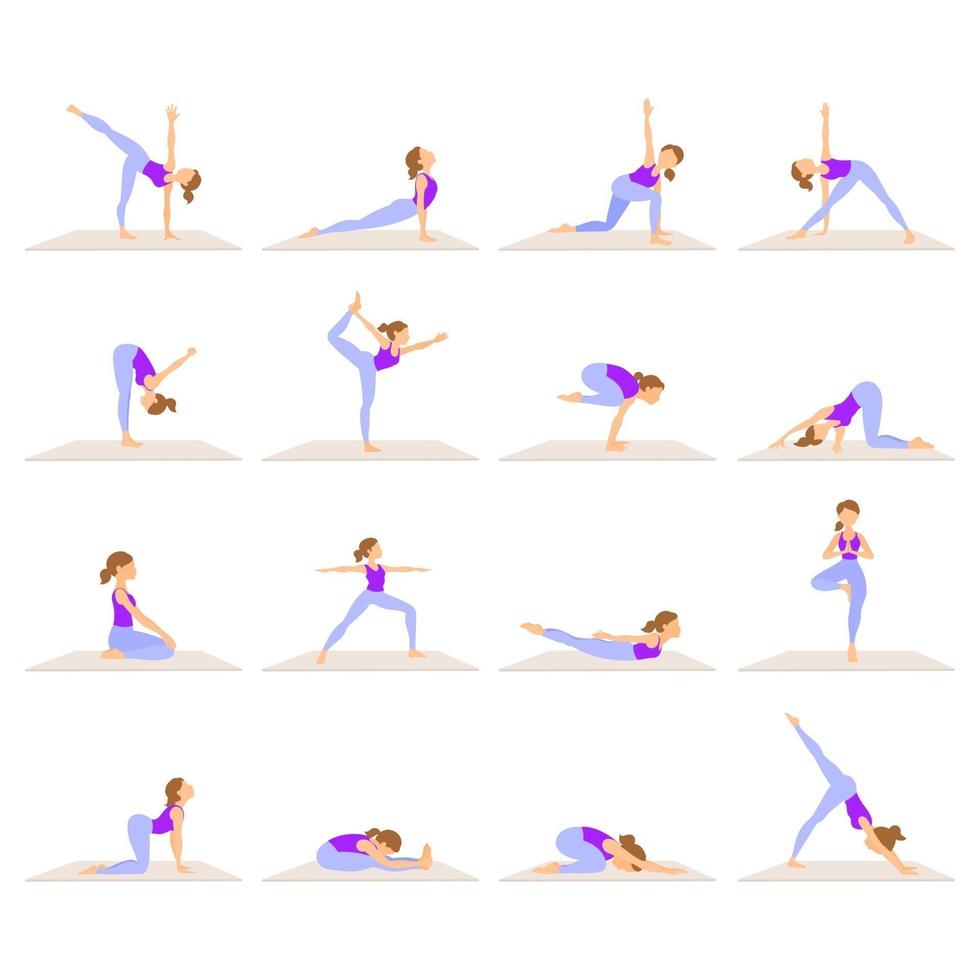 uppsättning av smal sportig ung kvinna som gör yoga och fitnessövningar. hälsosam livsstil vektor