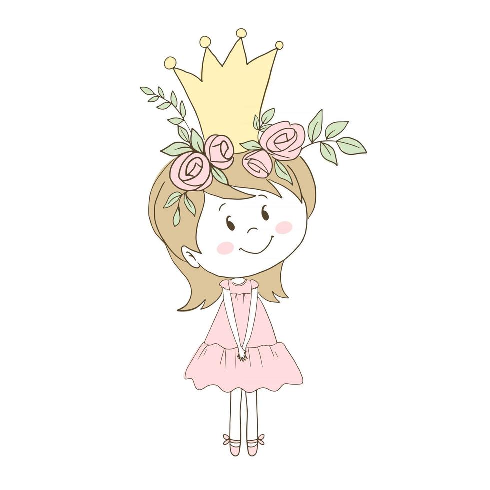 liten flicka prinsessa i gyllene krona och blommor vektor