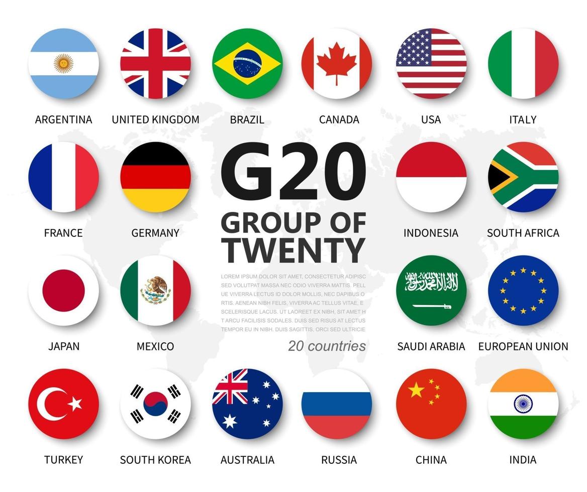 g20 . Gruppe von zwanzig Ländern und Mitgliedschaftsflagge. Internationale Vereinigung der Regierungen für Wirtschaft und Finanzen. flaches kreiselementdesign. Weißer isolierter Hintergrund. Vektor