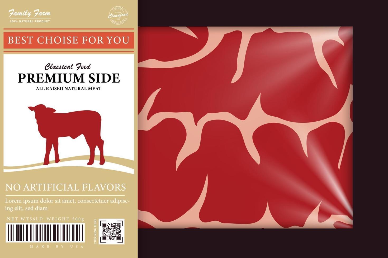 Vektor-Rindfleischverpackung oder Etikett. Kuh-Symbol. Fleisch Beefsteak Textur vektor