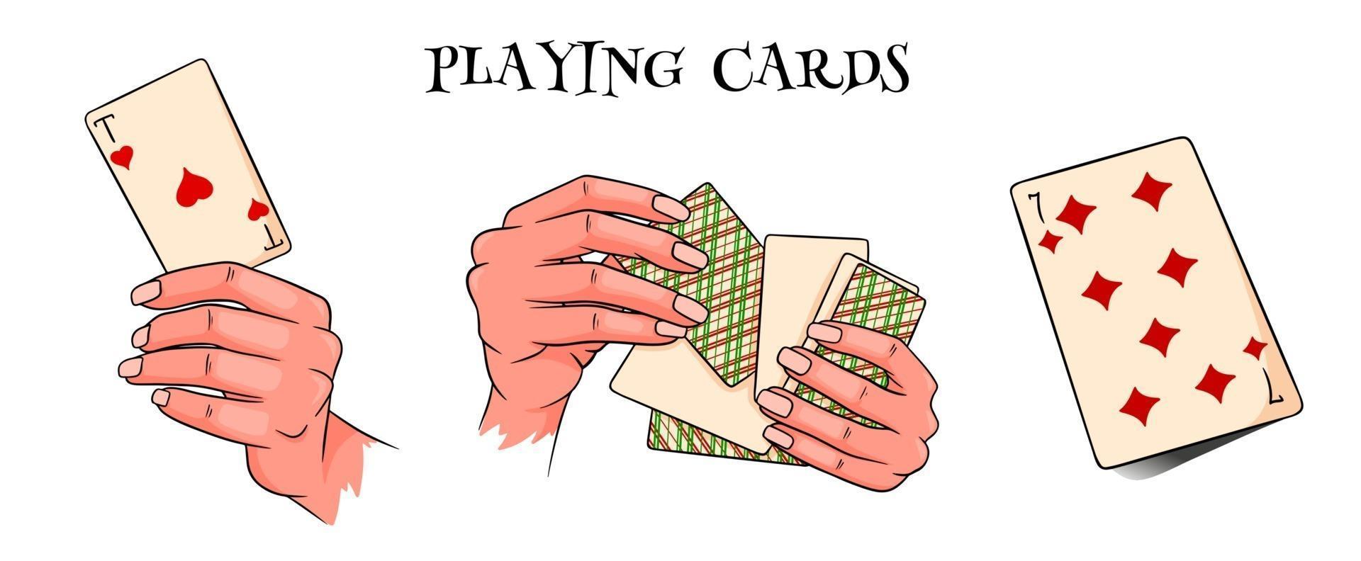 Glücksspiel. Spielkarten in der Hand. Casino, Vermögen, Glück. großer Satz. Cartoon-Stil. vektor