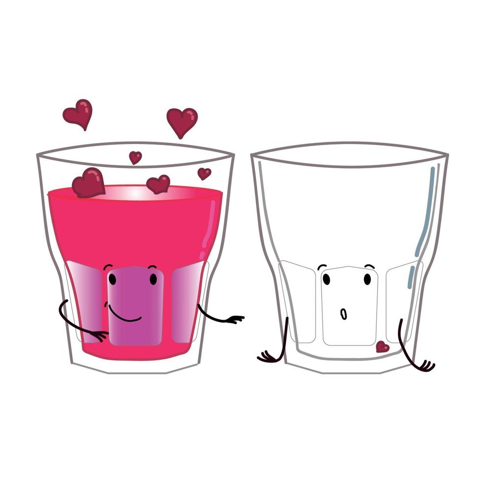 Zwei verliebte Gläser mit unterschiedlichen Gefühlen und Füllungen. vektor