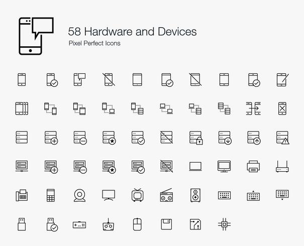 58 Hårdvara och enheter Pixel Perfect Icons Line Style. vektor