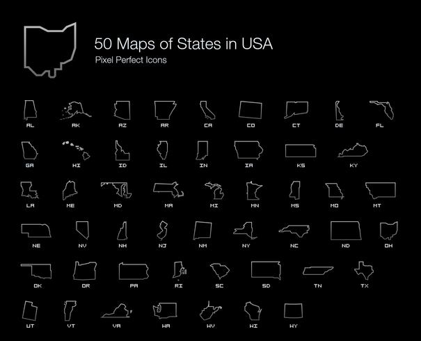 Alle 50 USA-Bundesstaaten zeichnen Pixel Perfect Icons (Line Style Shadow Edition) auf. vektor