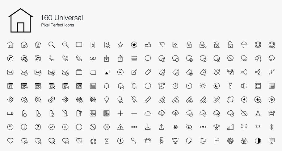 160 Universal Pixel Perfect Icons Line Style. vektor