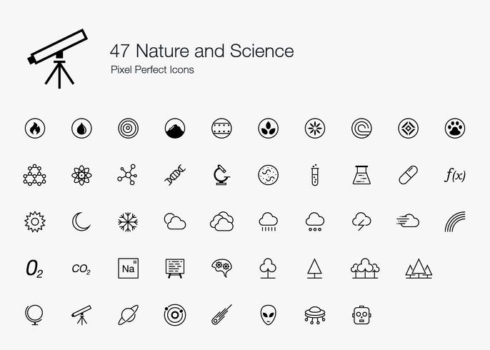47 Natur och vetenskap Pixel Perfect Icons Line Style. vektor