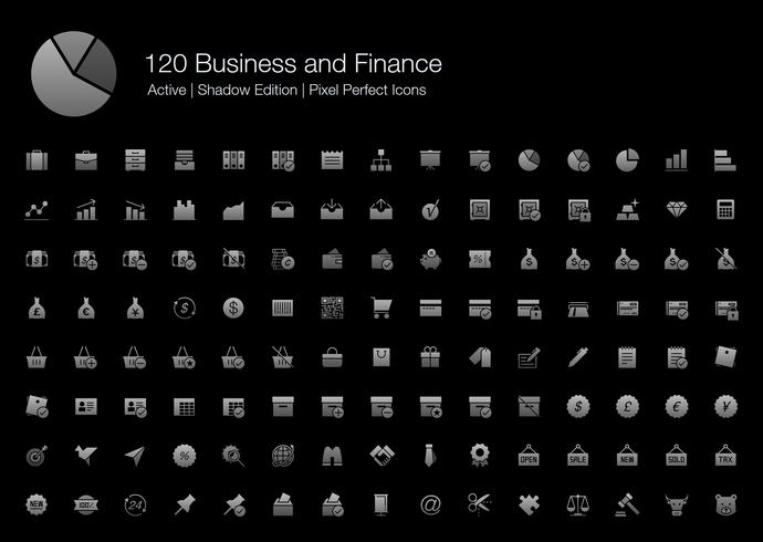 120 Business and Finance Pixel Perfect Ikoner (Filled Style Shadow Edition). vektor