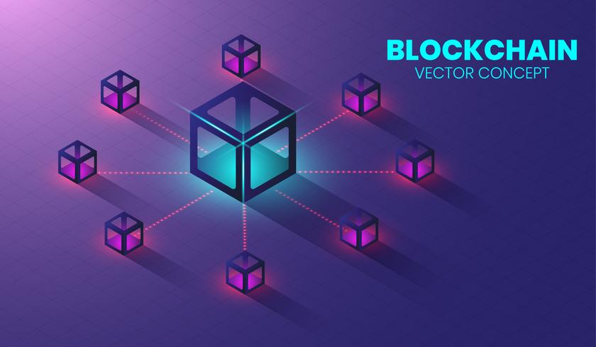 Isometrisches Blockchain-Technologiekonzept, Form der Blockkette miteinander verbunden. Vektor