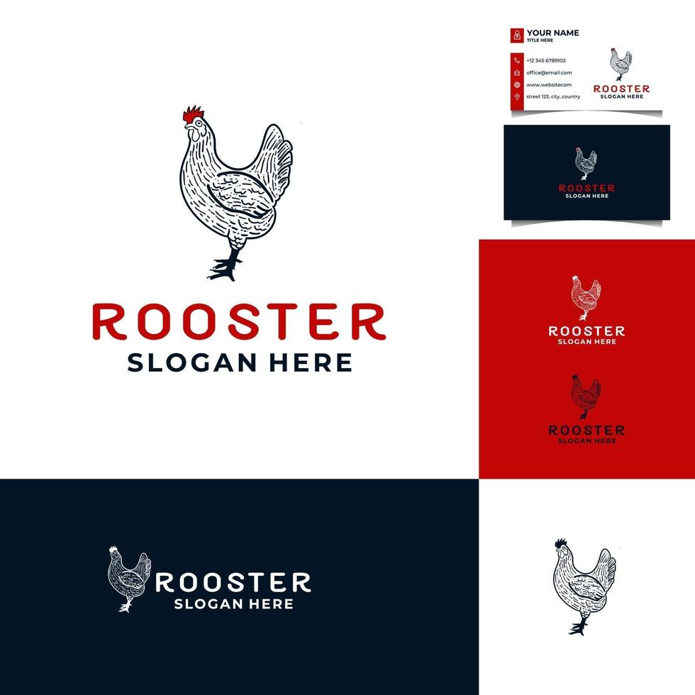 handritad kyckling eller tupp vintage logotypdesign med visitkortsmall vektor