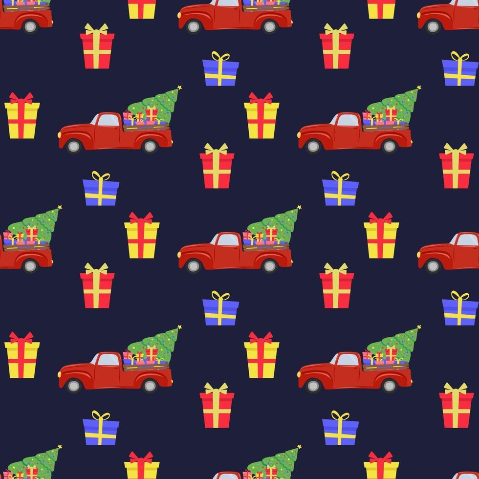 weihnachtsnahtloses muster mit rotem auto, weihnachtsbaum, geschenken. Die Illustration eignet sich hervorragend für Geschenkpapier und Verpackungen. vektor
