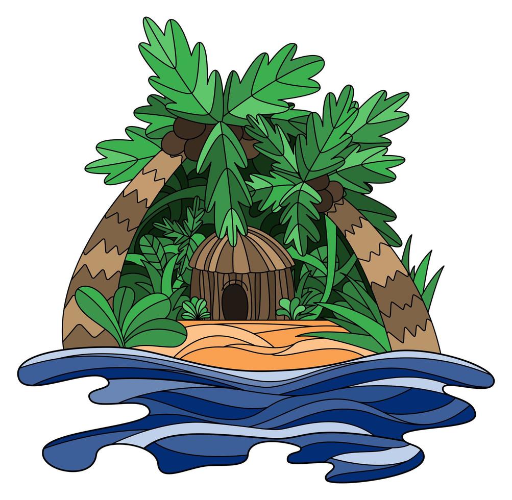 doodle illustration av en tropisk ö med bungalow vektor